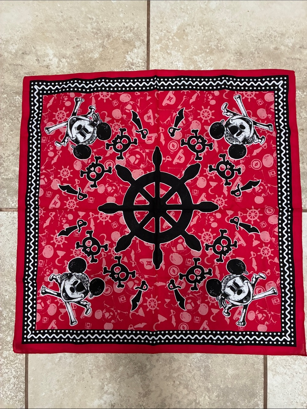 Disney Red Pirate Bandana with Black Skull & Wheel Print